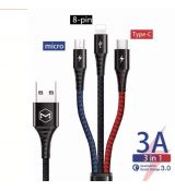 3v1 USB-C, Lightning, MicroUSB opletený nabíjecí kabel pro nabíjení až 3 telefonů současně