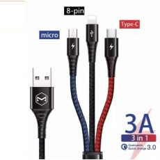 3v1 USB-C, Lightning, MicroUSB opletený nabíjecí kabel pro nabíjení až 3 telefonů současně